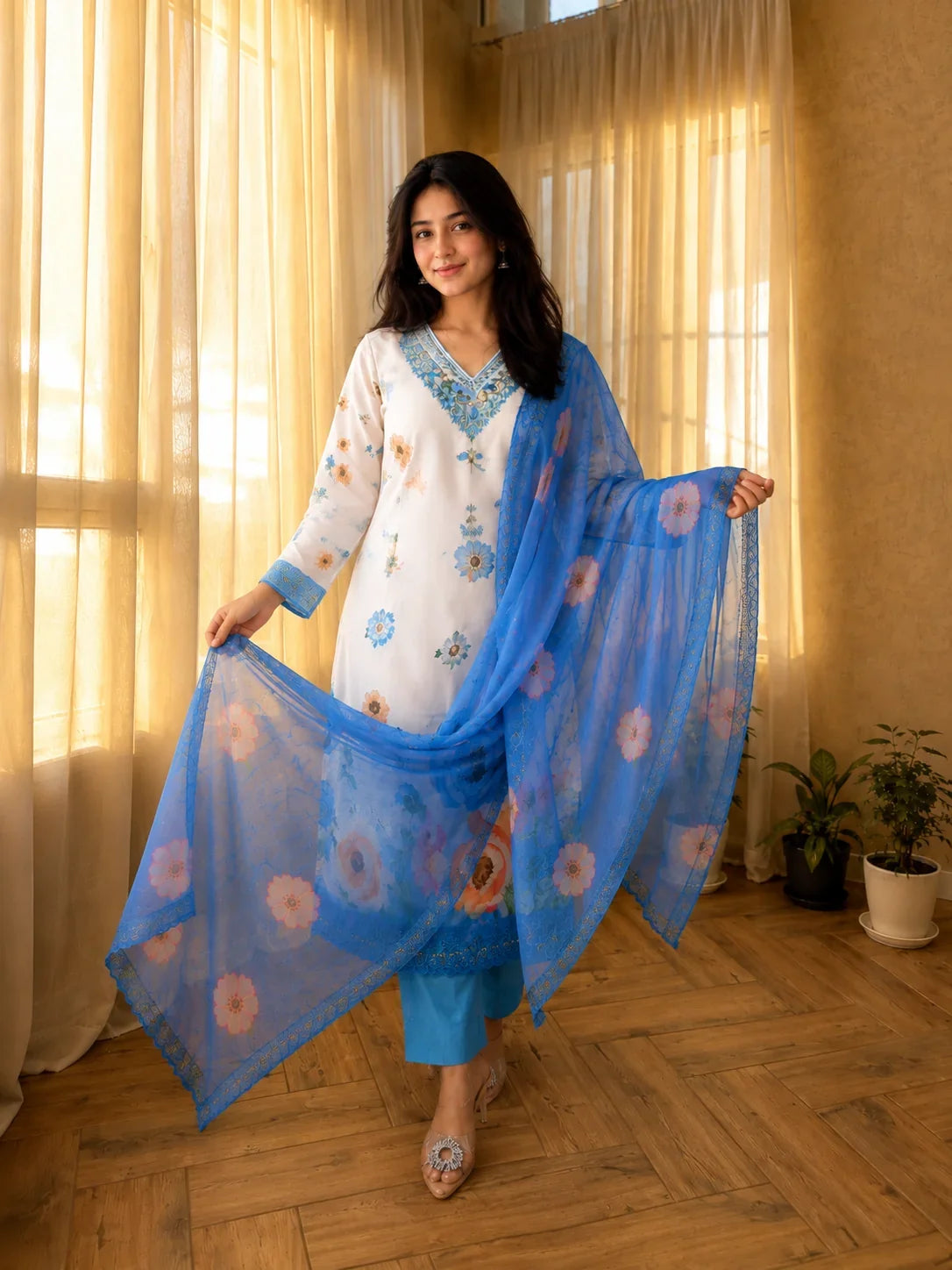 Soft Cotton Sky Blue Botanical Pattern Suit Ensemble