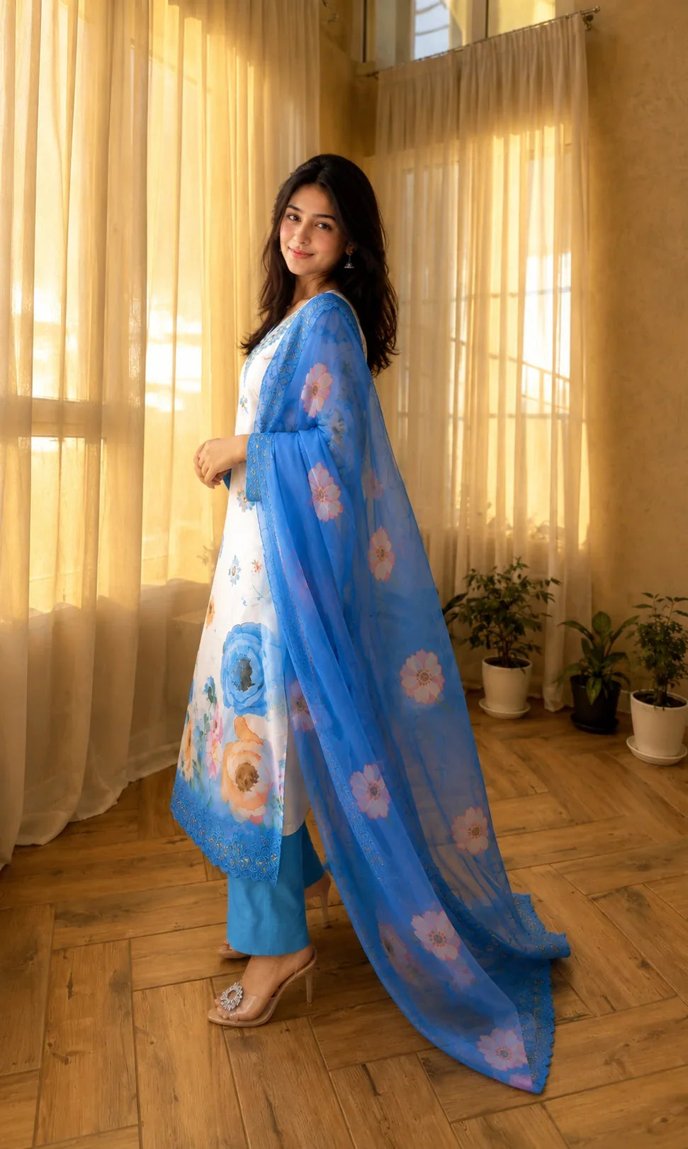 Soft Cotton Sky Blue Botanical Pattern Suit Ensemble