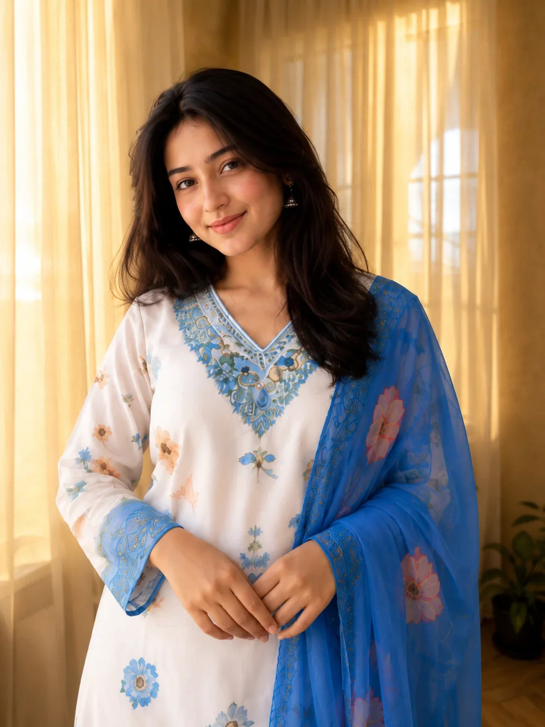 Soft Cotton Sky Blue Botanical Pattern Suit Ensemble
