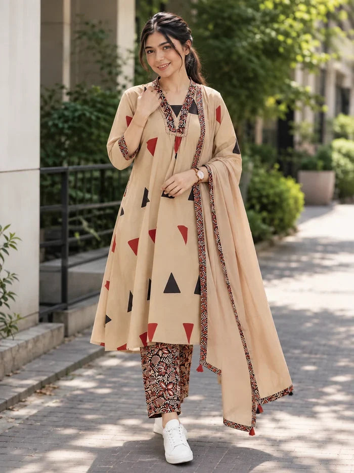 Pure Cotton Kalamkari A-Line Suit with Matching Dupatta