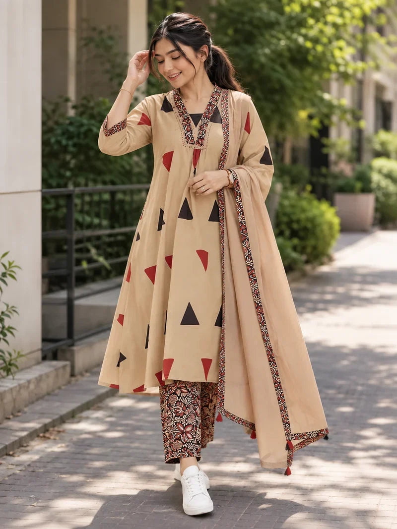 Pure Cotton Kalamkari A-Line Suit with Matching Dupatta