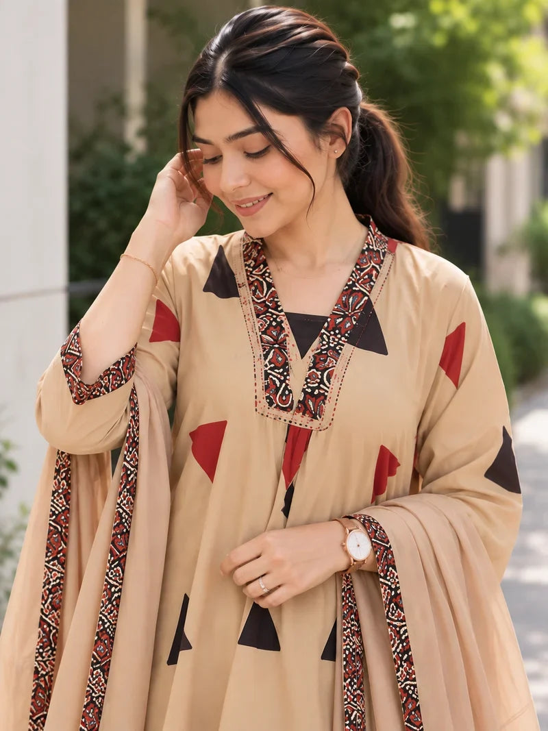 Pure Cotton Kalamkari A-Line Suit with Matching Dupatta