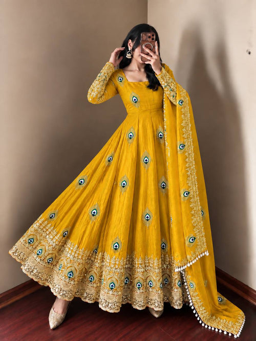 Yellow Silk Embroidered Anarkali Gown