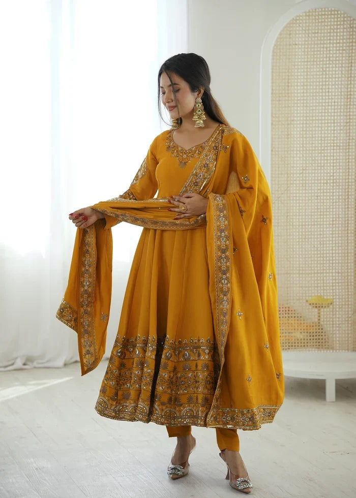 Golden Mustard Embellished Roman Silk Kurta Pant
