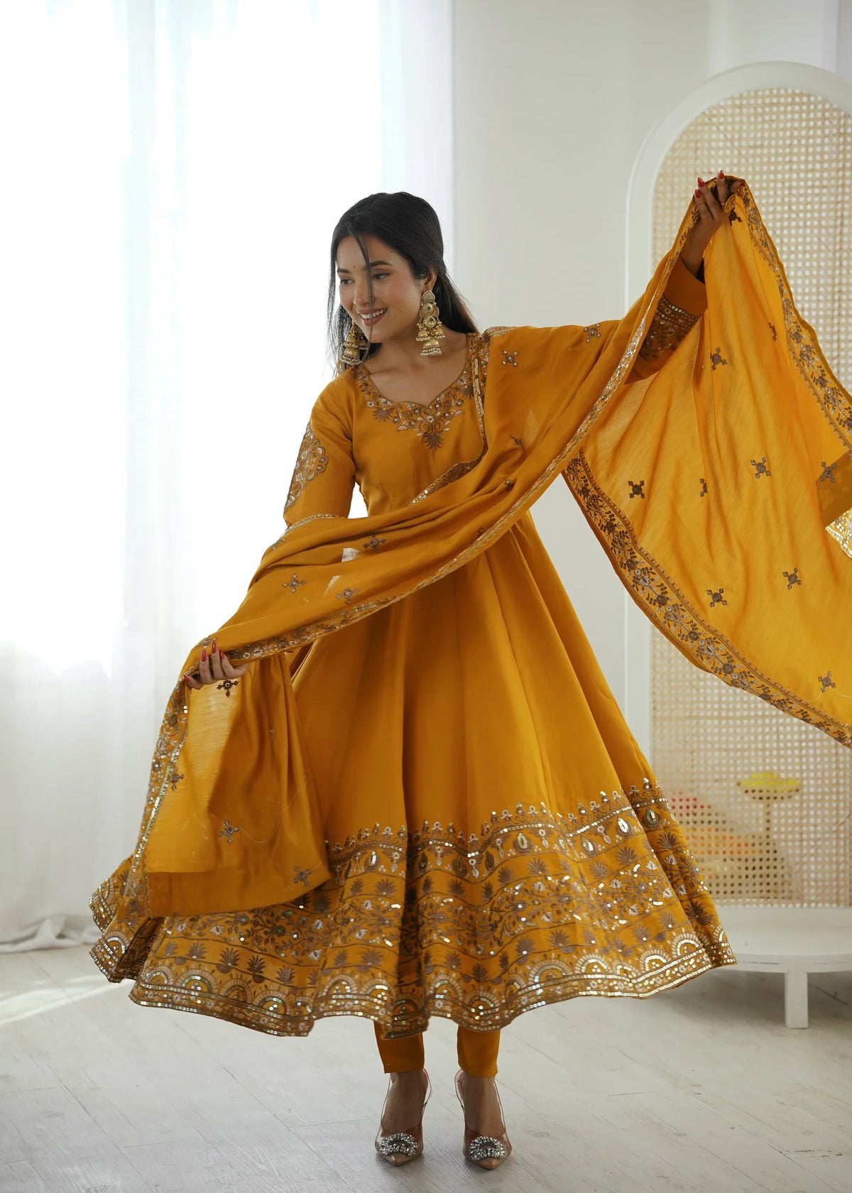 Golden Mustard Embellished Roman Silk Kurta Pant