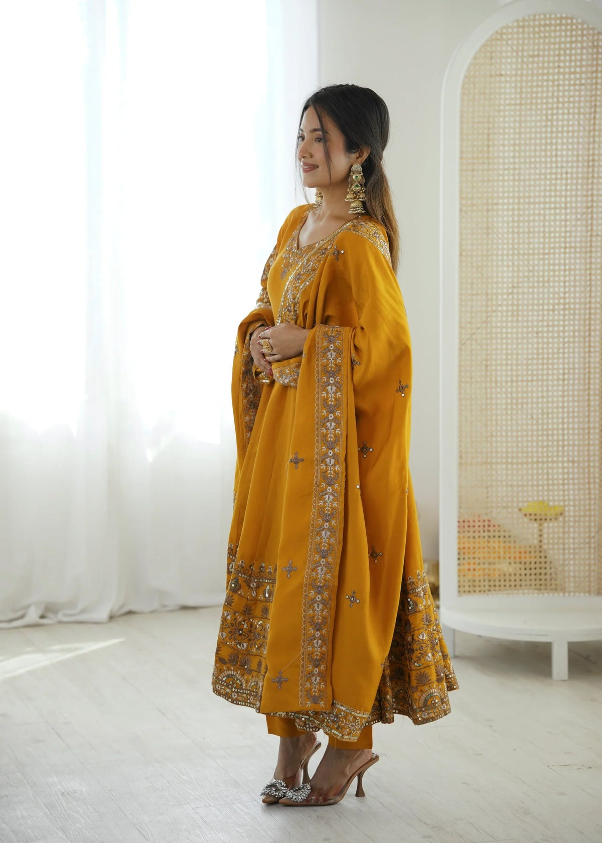 Golden Mustard Embellished Roman Silk Kurta Pant