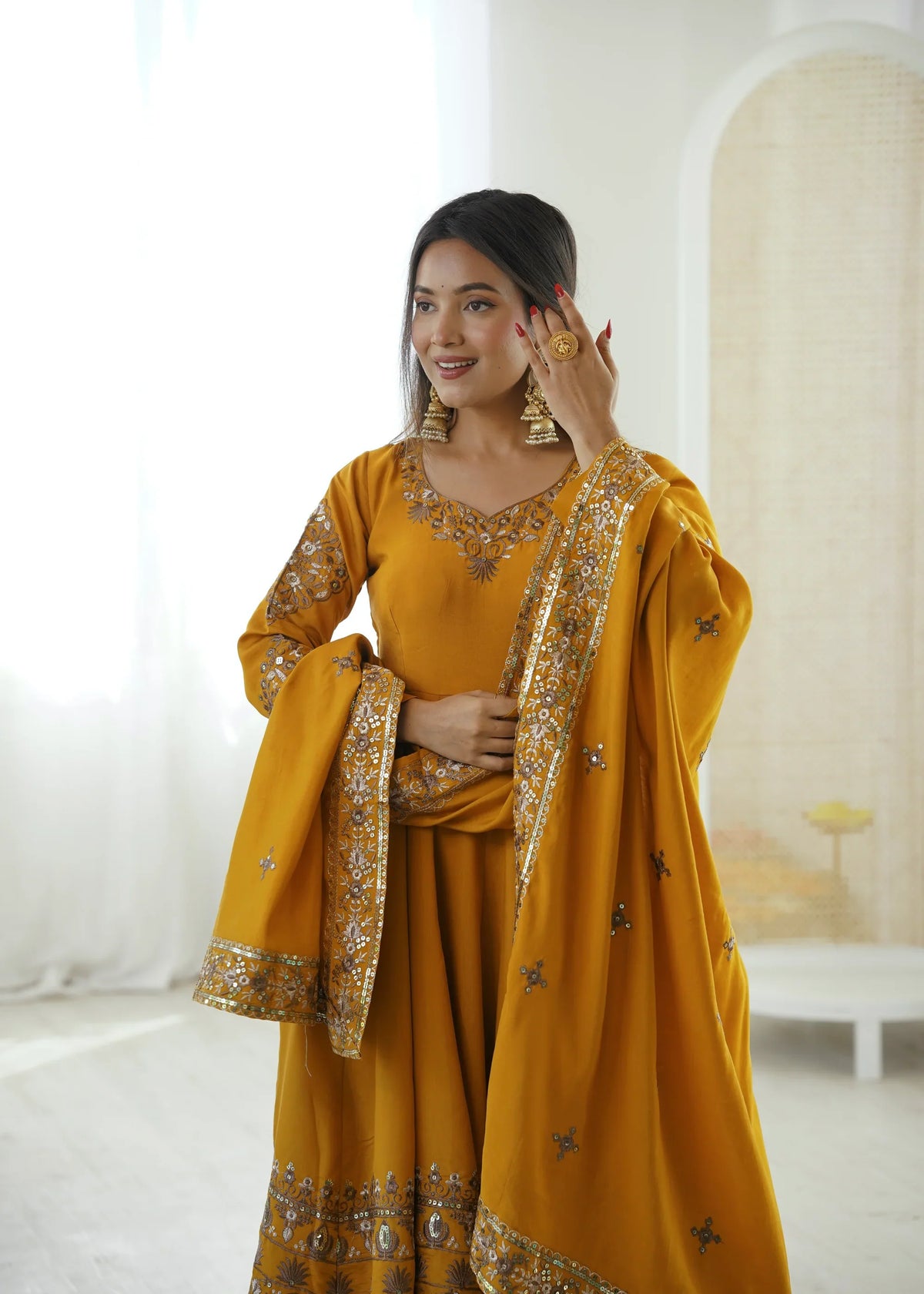 Golden Mustard Embellished Roman Silk Kurta Pant