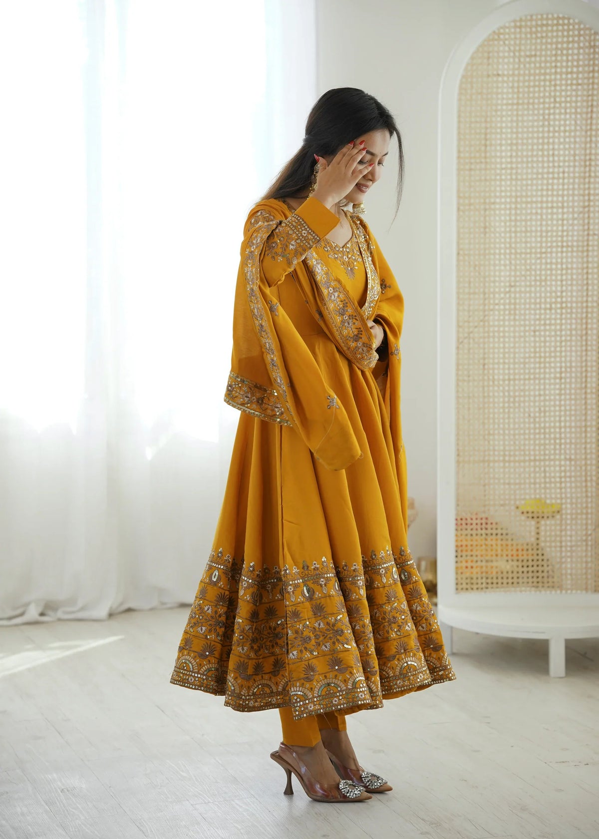 Golden Mustard Embellished Roman Silk Kurta Pant