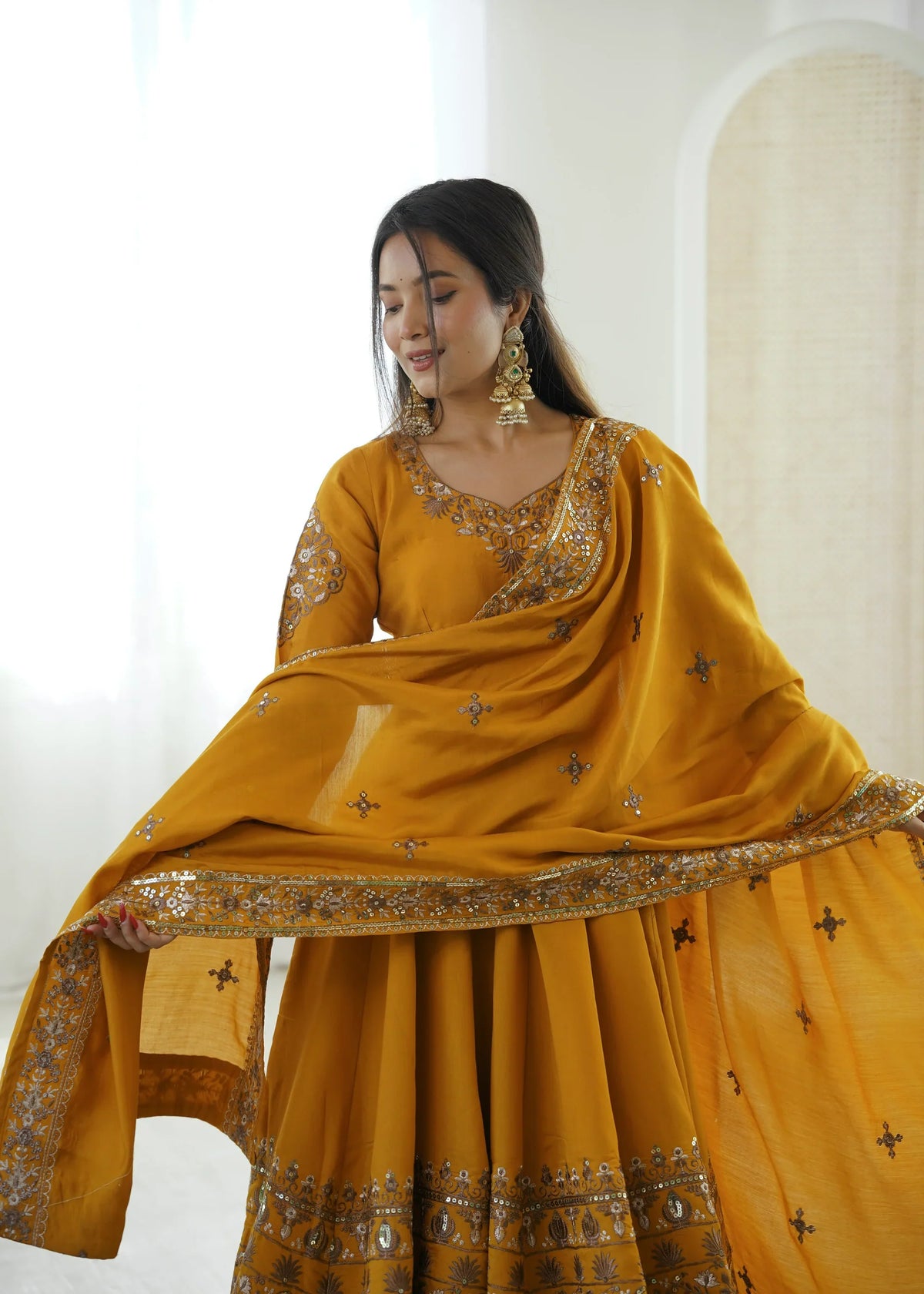 Golden Mustard Embellished Roman Silk Kurta Pant